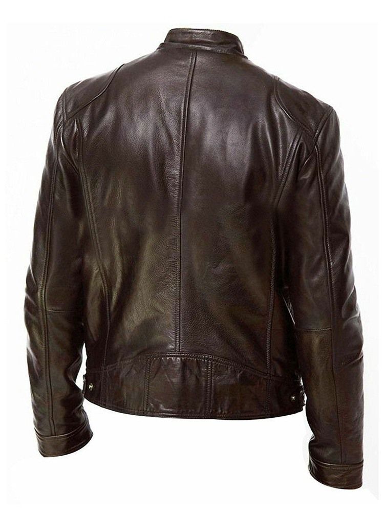 Standard Stativkrage Vanlig Slim Zipper Läder Casual Jacka