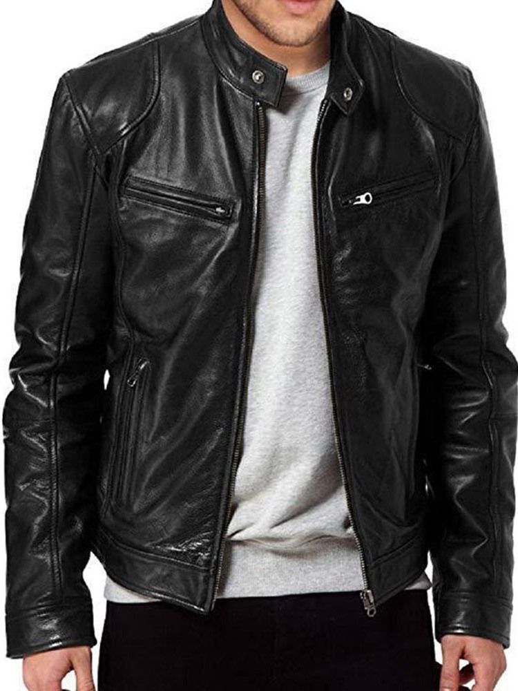 Standard Stativkrage Vanlig Slim Zipper Läder Casual Jacka