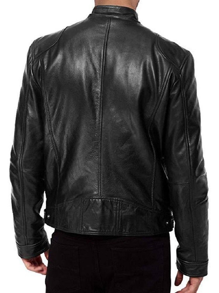 Standard Stativkrage Vanlig Slim Zipper Läder Casual Jacka