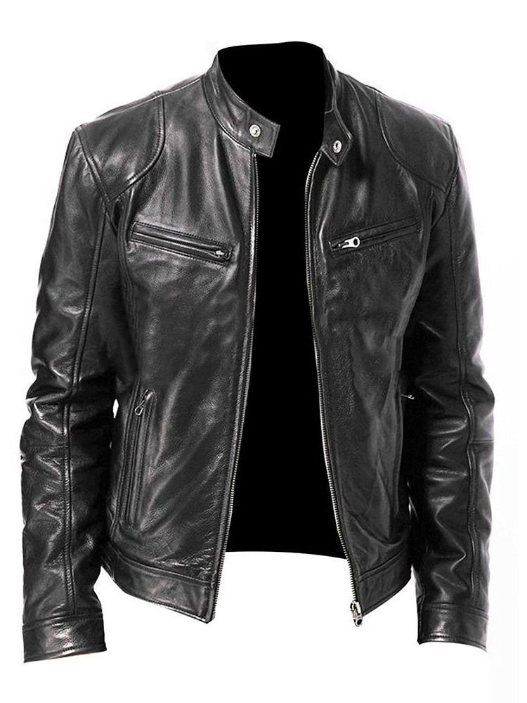 Standard Stativkrage Vanlig Slim Zipper Läder Casual Jacka