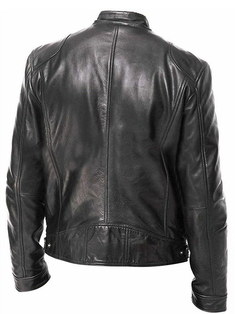 Standard Stativkrage Vanlig Slim Zipper Läder Casual Jacka