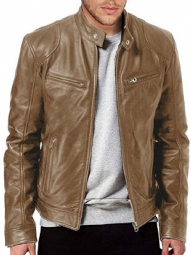 Standard Stativkrage Vanlig Slim Zipper Läder Casual Jacka