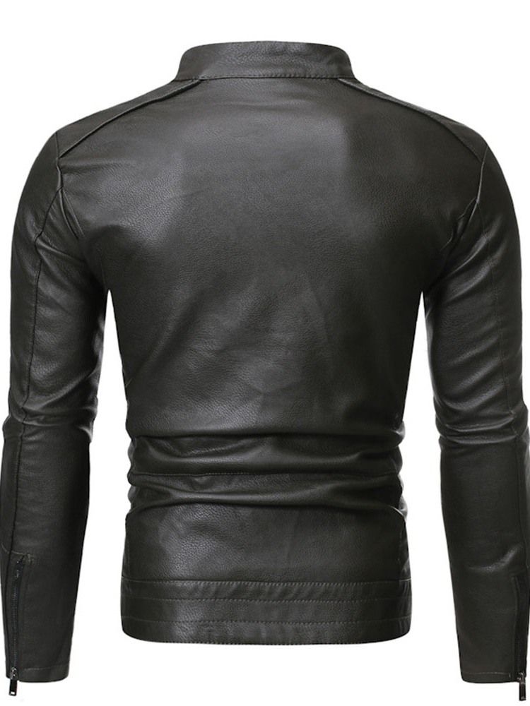 Stativkrage Vanlig Standard Slim Zipper Läderjacka För Män