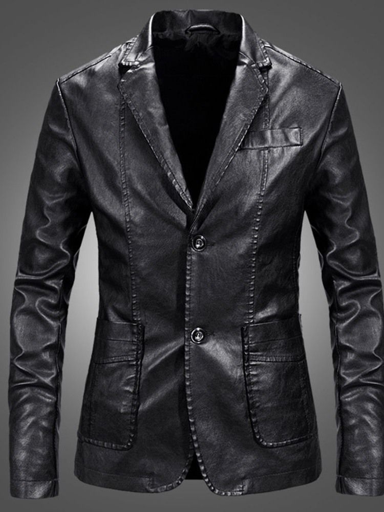 Vanlig Lapel Casual Enkelknäppt Läderjacka För Män
