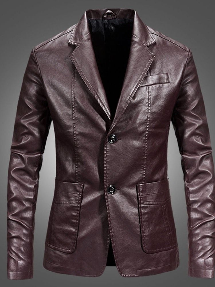 Vanlig Lapel Casual Enkelknäppt Läderjacka För Män