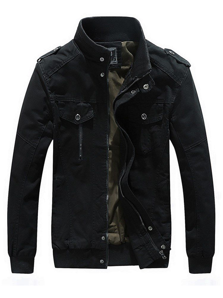 Vanlig Stativkrage Tjock Mäns Casual Zipper Jacka