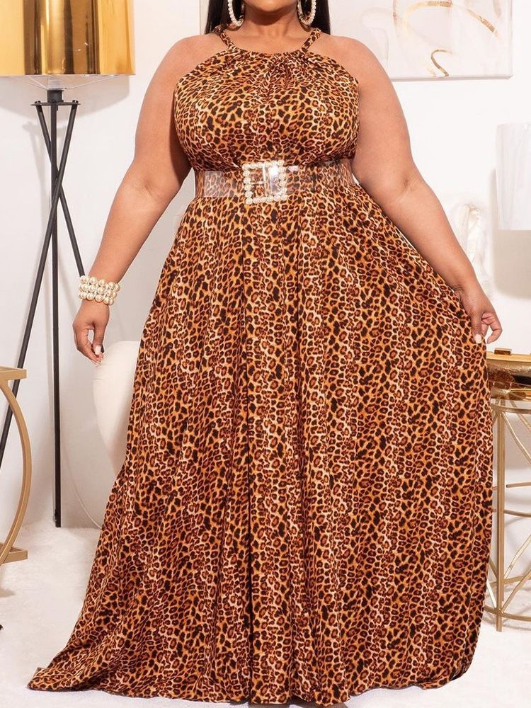 Ärmlös Golvlång Fashion Leopard Klänning Plus Size