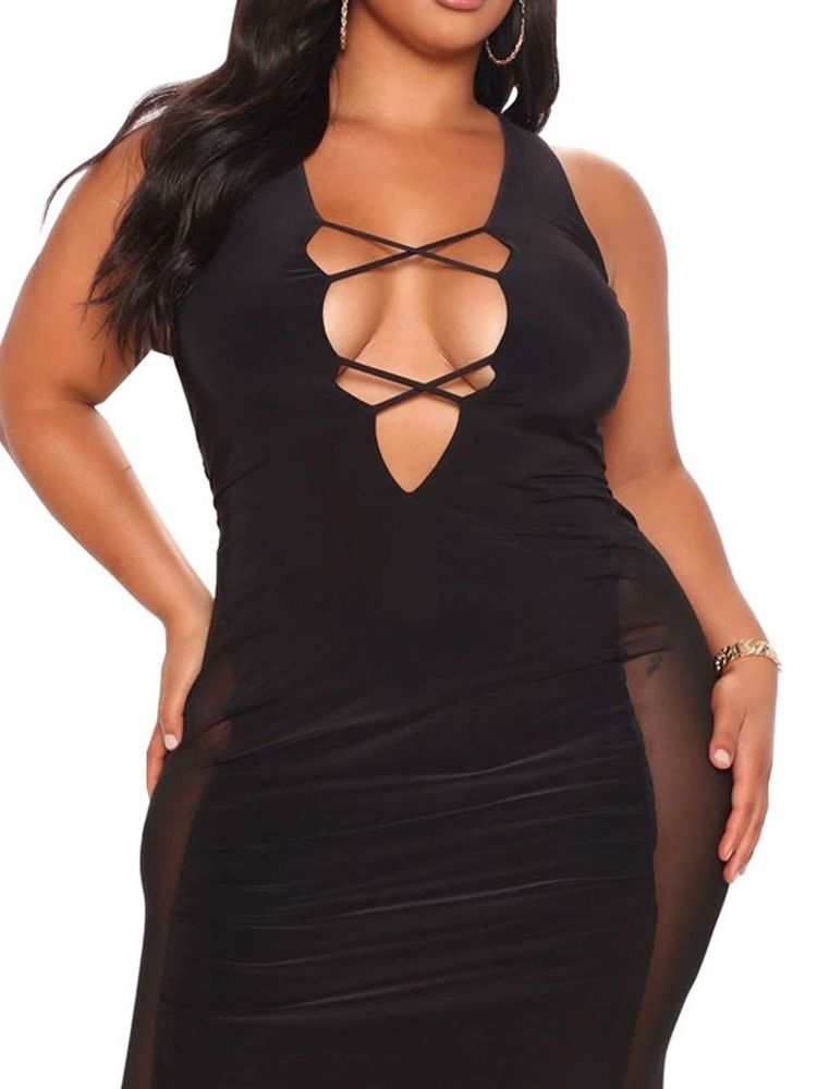 Ärmlös Patchwork Golvlång Svart Bodycon Klänning Plus Size