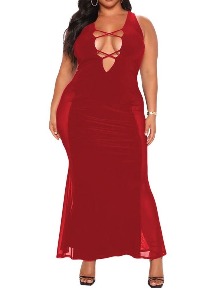 Ärmlös Patchwork Golvlång Svart Bodycon Klänning Plus Size
