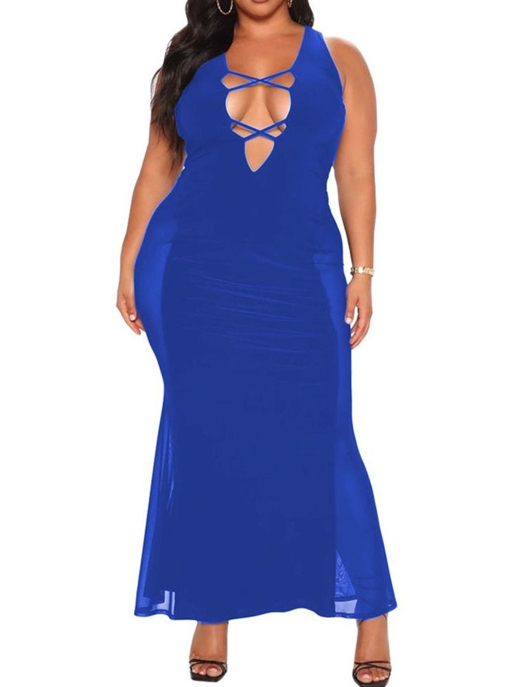 Ärmlös Patchwork Golvlång Svart Bodycon Klänning Plus Size