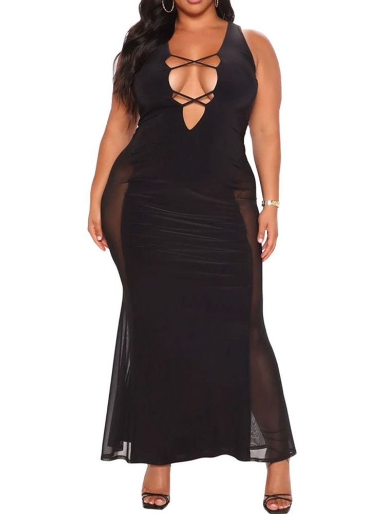 Ärmlös Patchwork Golvlång Svart Bodycon Klänning Plus Size
