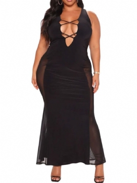 Ärmlös Patchwork Golvlång Svart Bodycon Klänning Plus Size
