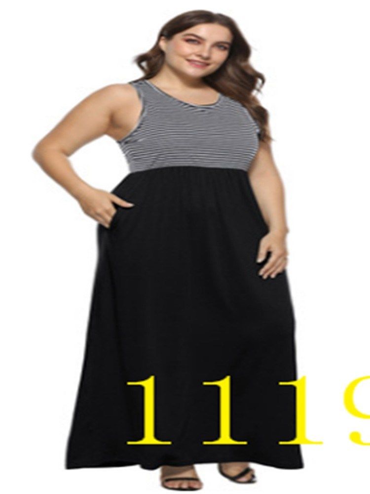 Ärmlös Rundhalsad Ankellång Stripe Plus Size-Klänning