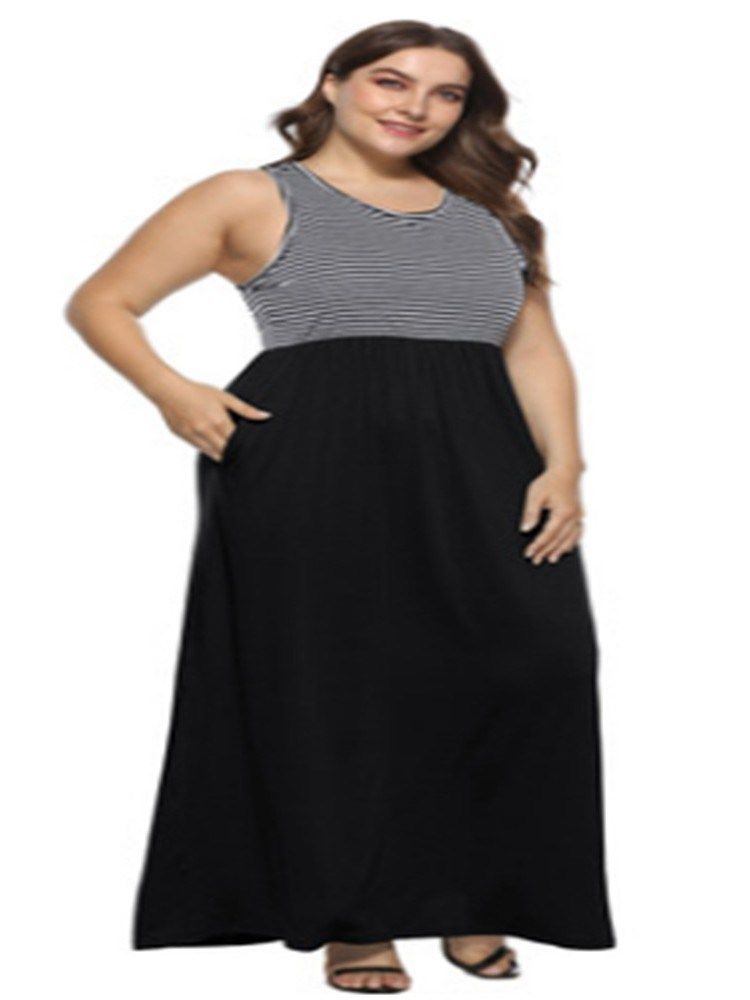Ärmlös Rundhalsad Ankellång Stripe Plus Size-Klänning