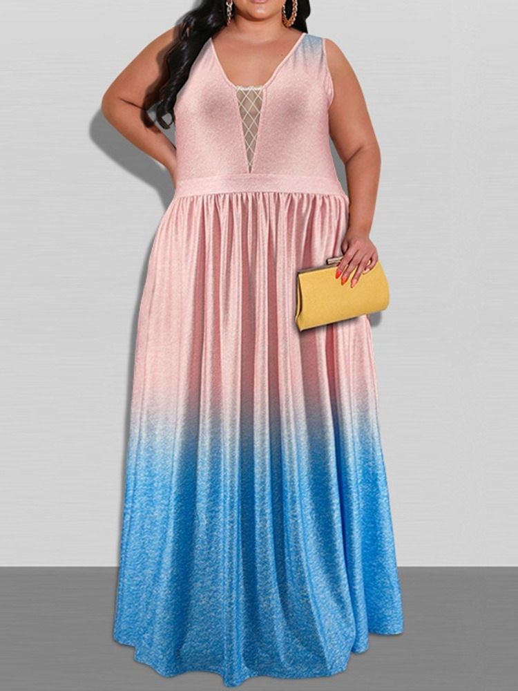 Ärmlös V-Ringad Golvlängdsgradient Sweet Maxi Klänning Plus Size