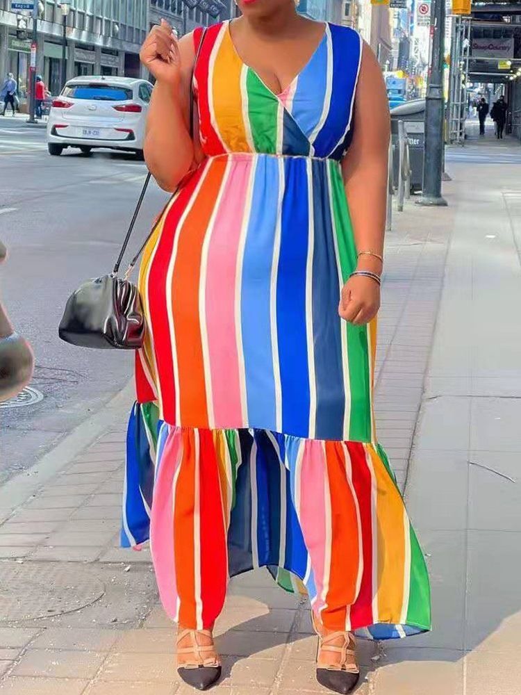 Ärmlös V-Ringad Golvlång Sweet Plus Size-Klänning