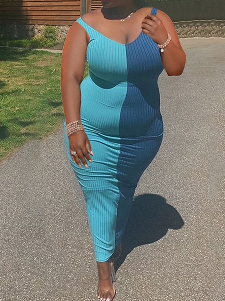 Ankellång Patchwork Ärmlös Tröja Bodycon Klänning Plus Size