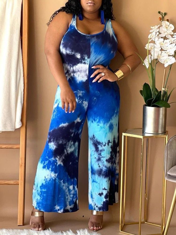 Avslappnad Hellängdstryck För Kvinnor Med Smala Breda Ben Jumpsuit Plus Size