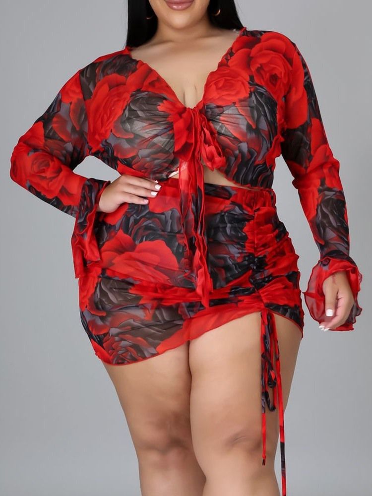 Blommig Sexig Kjol Bodycon Tvådelade Set Damkjoluppsättning Plus Size