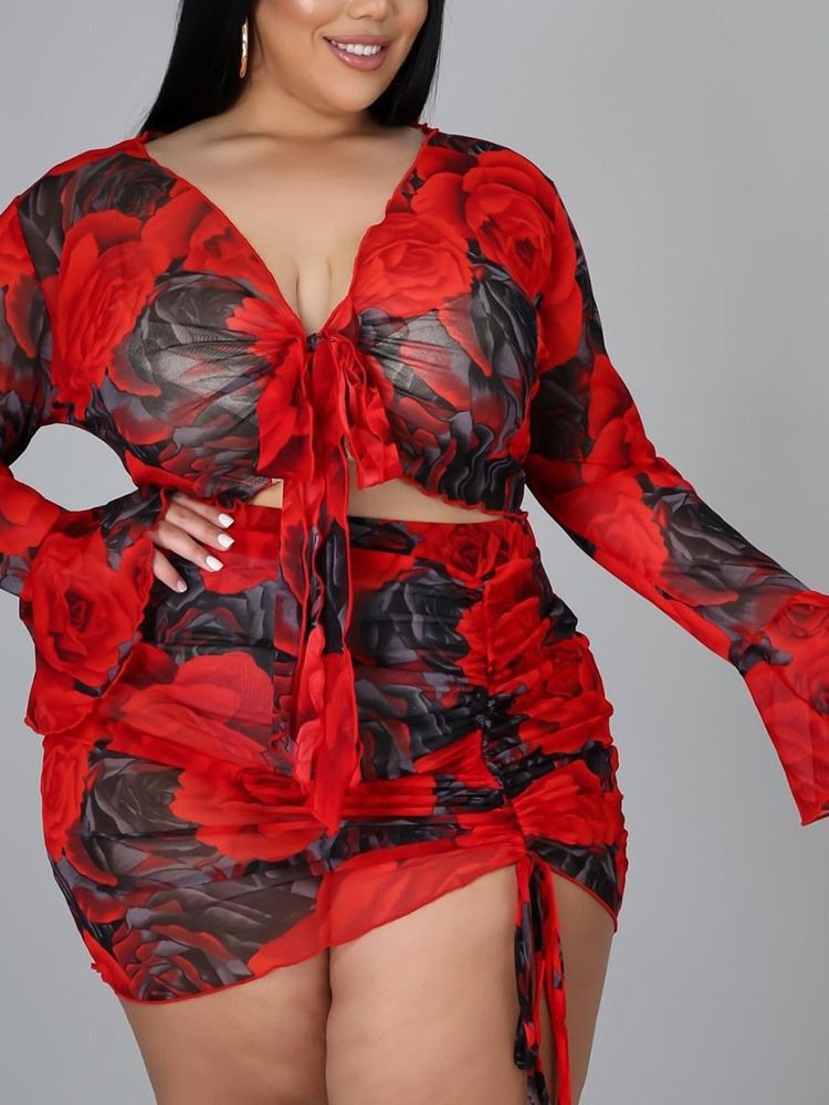Blommig Sexig Kjol Bodycon Tvådelade Set Damkjoluppsättning Plus Size
