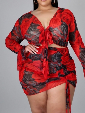 Blommig Sexig Kjol Bodycon Tvådelade Set Damkjoluppsättning Plus Size