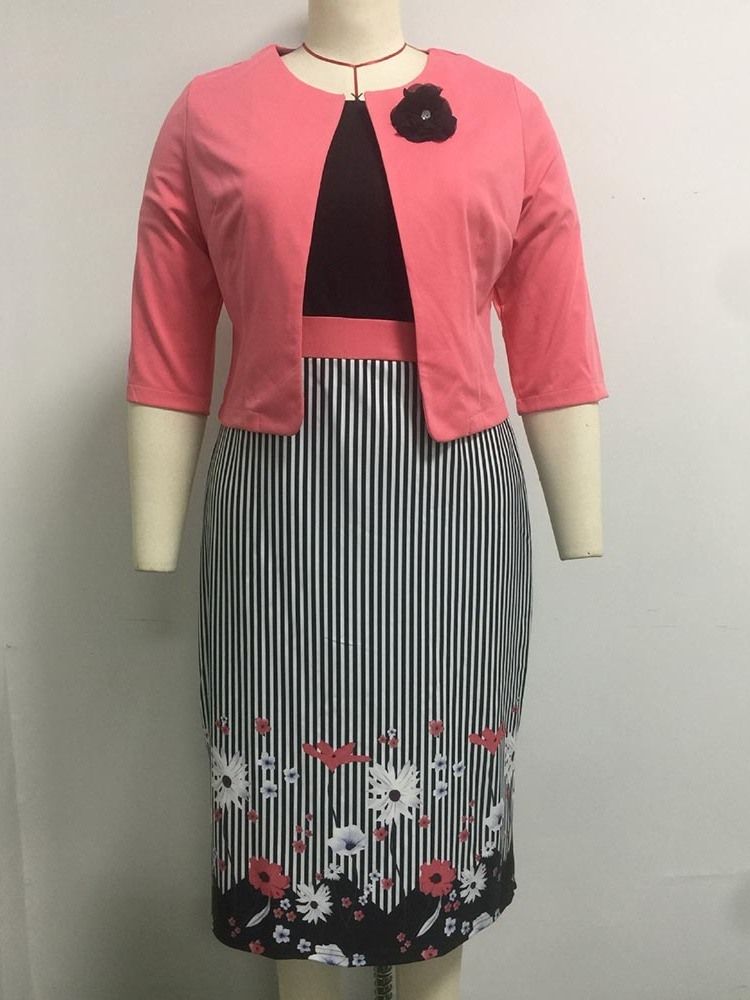 Blommig Söt Klänning Med Rund Hals Bodycon Tvådelade Set För Kvinnor