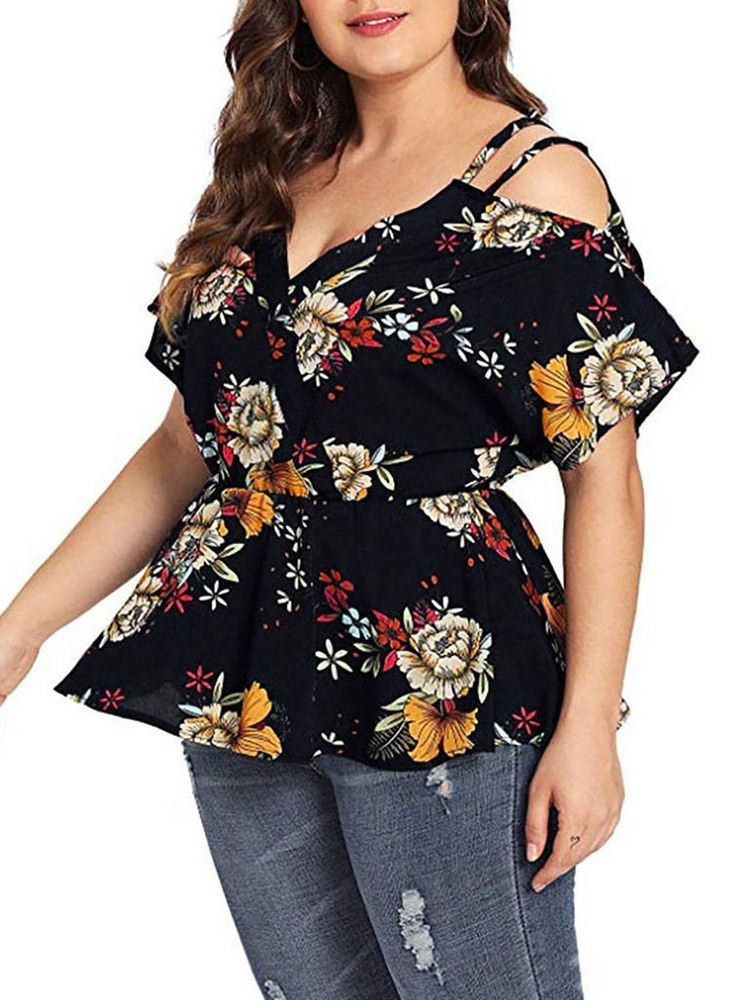 Blommig Standard V-Ringad Smal Västerländsk T-Shirt För Kvinnor I Plusstorlek