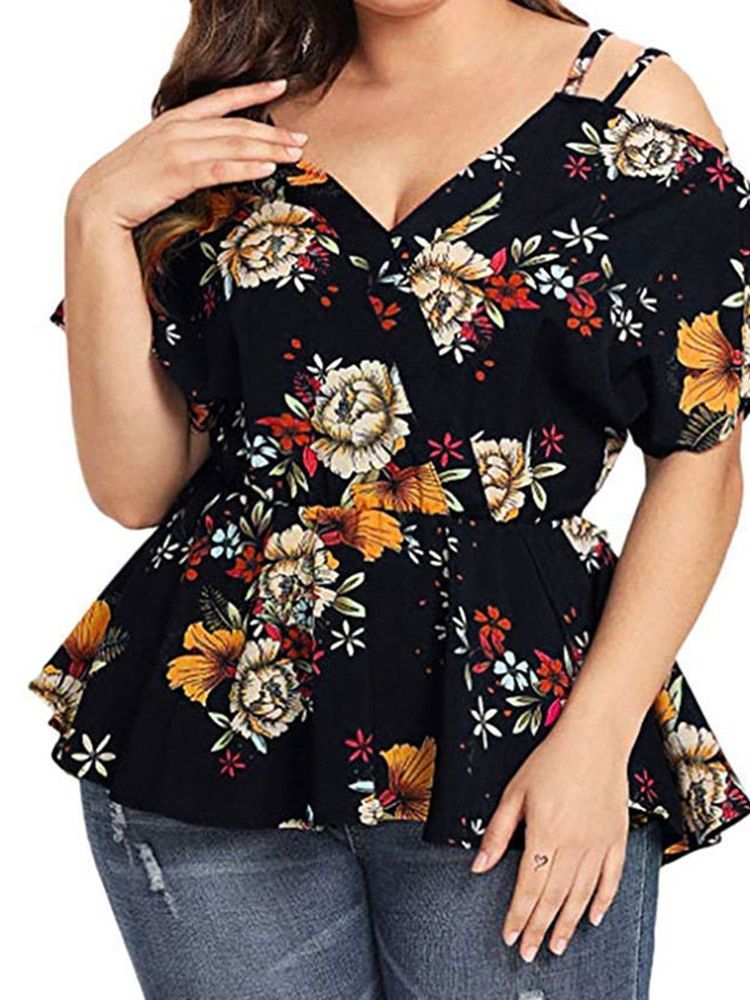 Blommig Standard V-Ringad Smal Västerländsk T-Shirt För Kvinnor I Plusstorlek