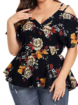 Blommig Standard V-Ringad Smal Västerländsk T-Shirt För Kvinnor I Plusstorlek