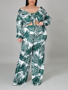 Blommönster Byxor Breda Ben Tvådelade Sets Dambyxor Set Plus Size