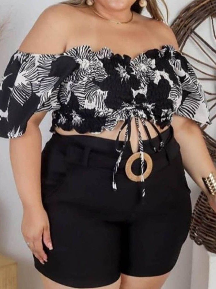 Blommönster Office Lady Pullover Off Shoulder Dam Tvådelad Set Plus Size