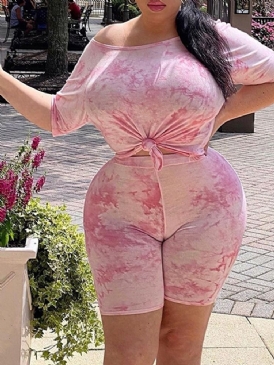 Casual Print T-Shirt Pullover Tvådelad Set Dam Short Set Plus Size