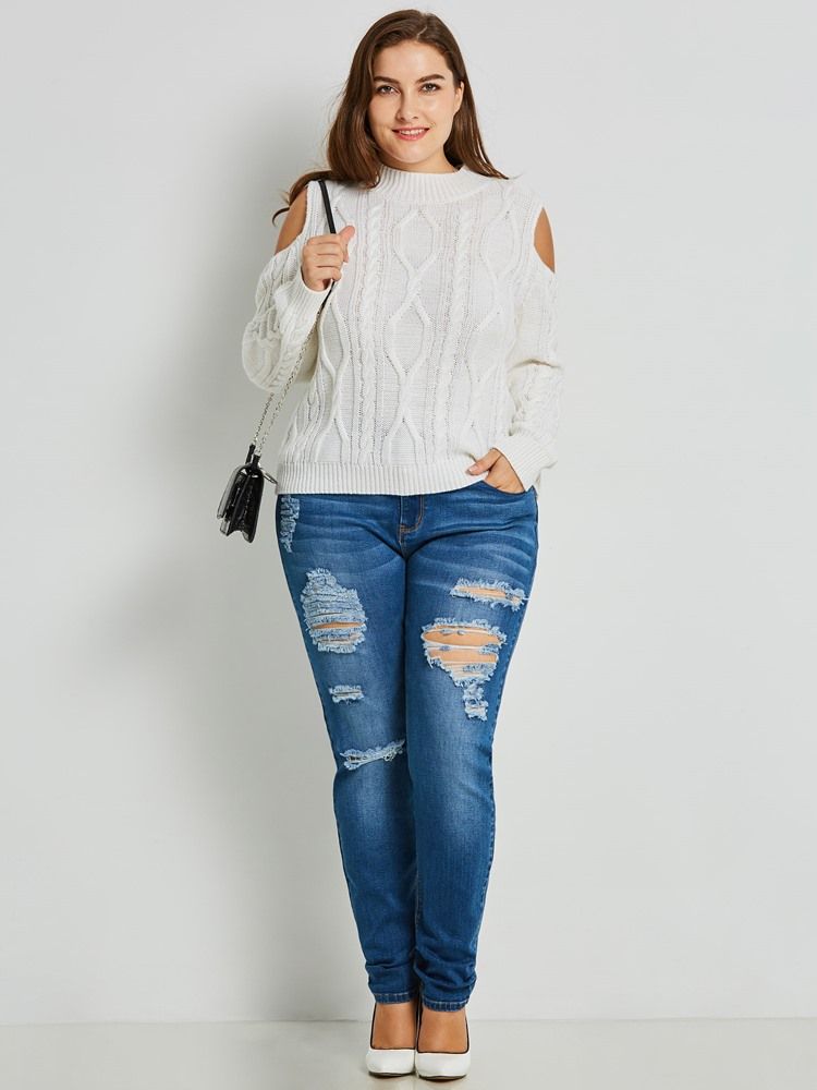 Cold Shoulder Plain Slim Plus Size Stickat