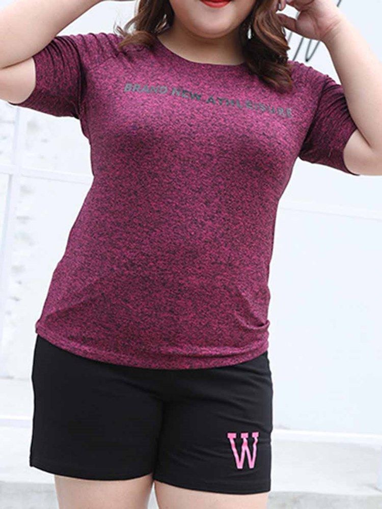 Damer I Plus Size Print Letter Kortärmade Sport Toppar