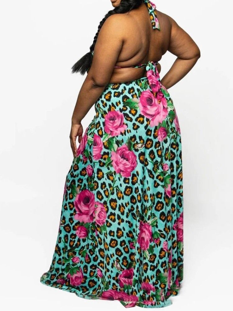 Delad Golvlång Scoop Floral Plus Size Klänning