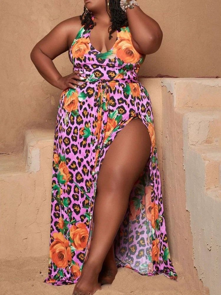 Delad Golvlång Scoop Floral Plus Size Klänning