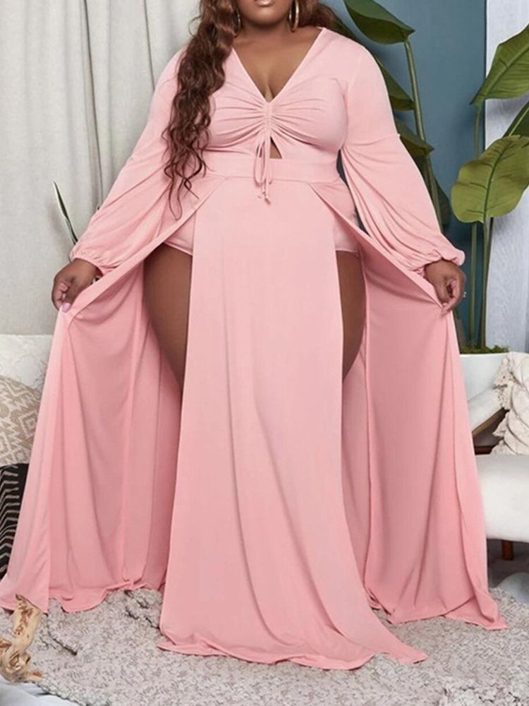 Delad Långärmad Tröja Med V-Ringad Sexig Maxiklänning Plus Size