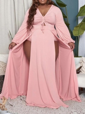 Delad Långärmad Tröja Med V-Ringad Sexig Maxiklänning Plus Size