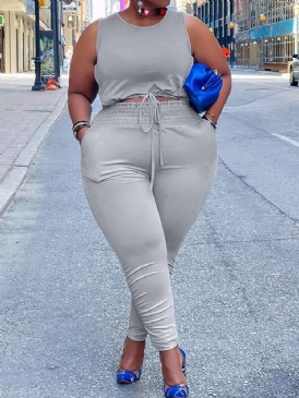 Enfärgad Väst Pencil Byxor Rund Hals Tvådelade Set Dambyxor Set Plus Size