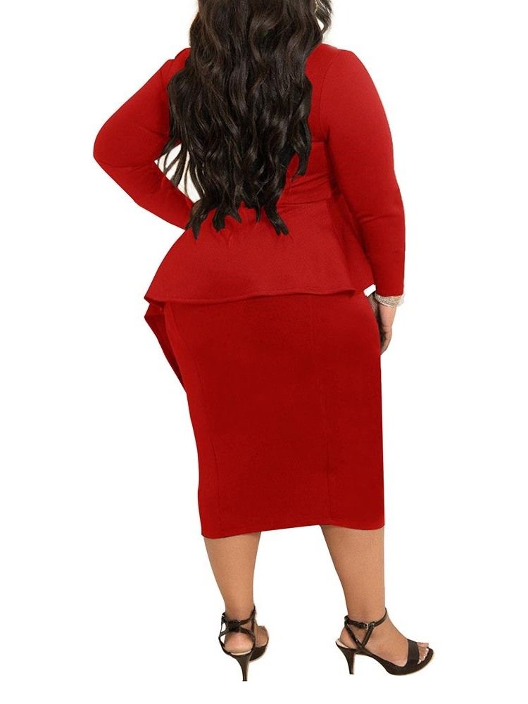 Falbala Long Sleeve Mid-Calf Office Lady Plain Plus Size Klänning