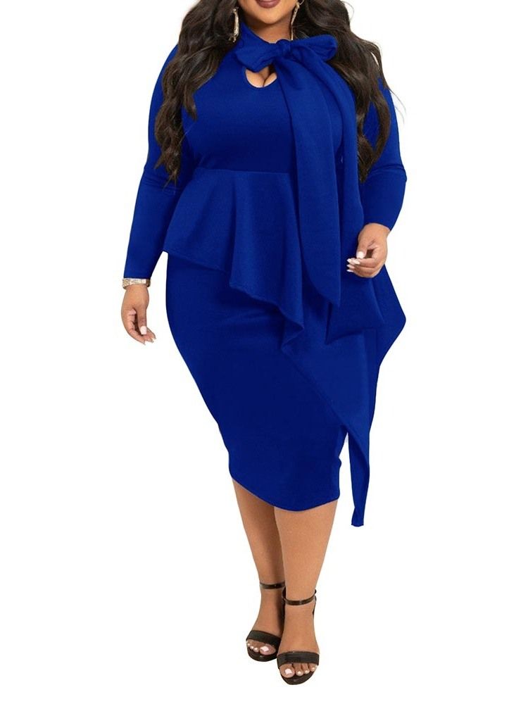 Falbala Long Sleeve Mid-Calf Office Lady Plain Plus Size Klänning
