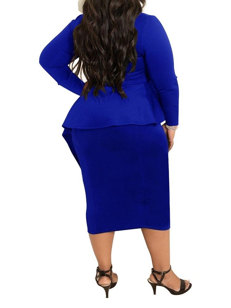 Falbala Long Sleeve Mid-Calf Office Lady Plain Plus Size Klänning