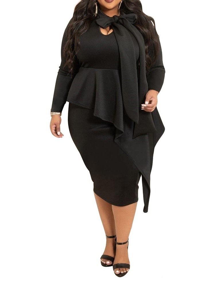 Falbala Long Sleeve Mid-Calf Office Lady Plain Plus Size Klänning