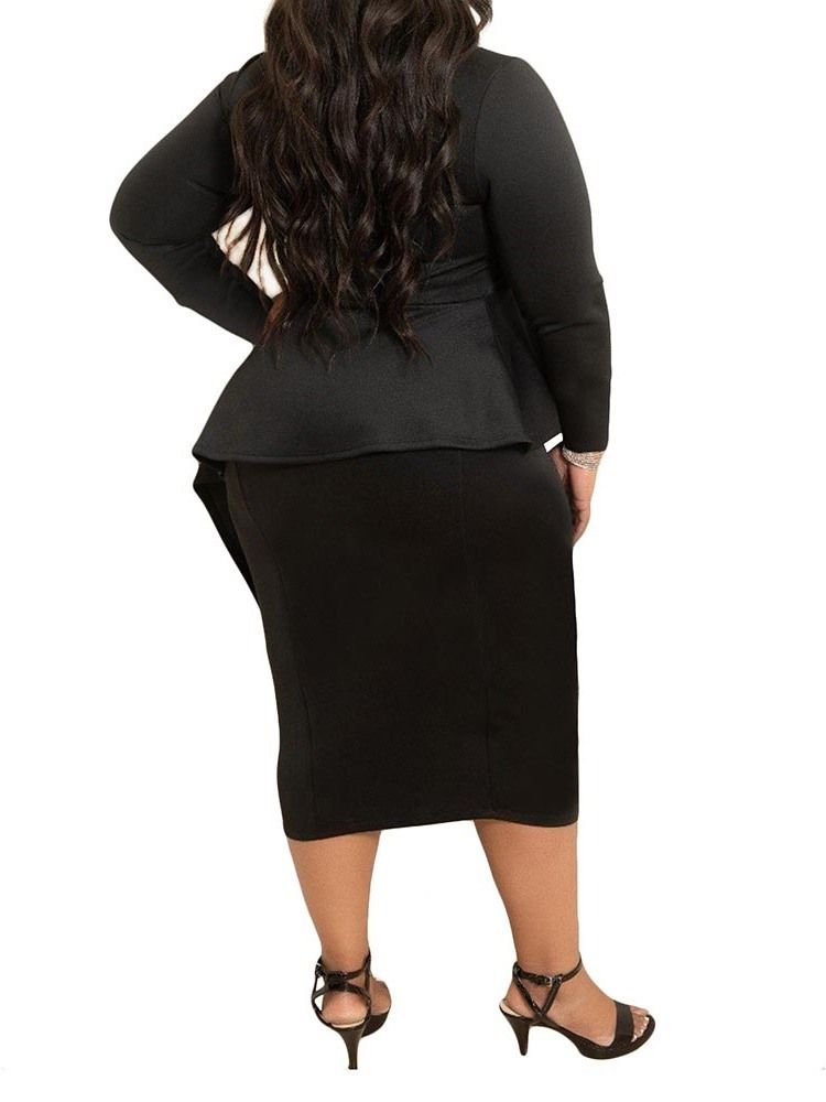 Falbala Long Sleeve Mid-Calf Office Lady Plain Plus Size Klänning