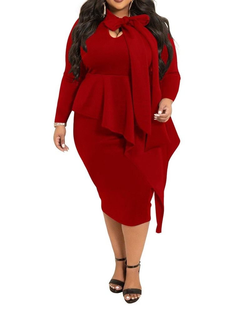 Falbala Long Sleeve Mid-Calf Office Lady Plain Plus Size Klänning