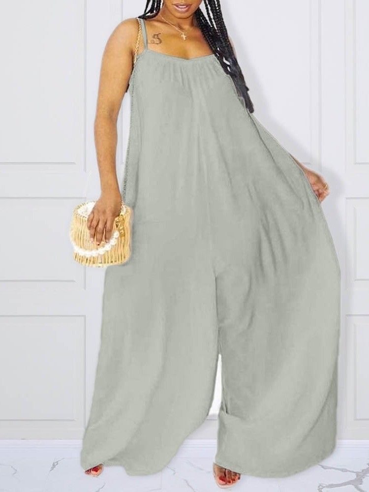Full Längd Rygglös Vanlig Lös Jumpsuit För Kvinnor
