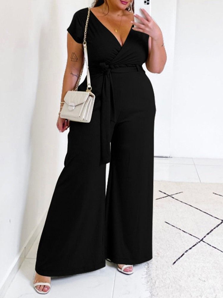 Full Längd Vanligt Kontor Dam Wide Ben Slim Jumpsuit Plus Size