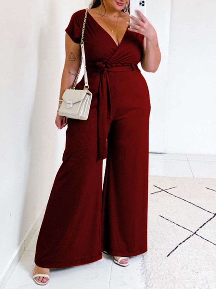 Full Längd Vanligt Kontor Dam Wide Ben Slim Jumpsuit Plus Size