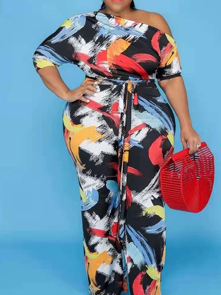 Fullängds Snörning Färgblock Dam Mid Midja Slim Jumpsuit Plus Size
