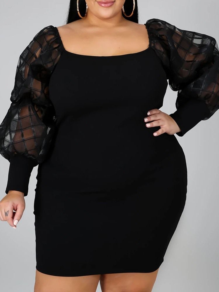 Genomskinlig Ovanför Knä Långärmad Enfärgad Bodycon-Klänning